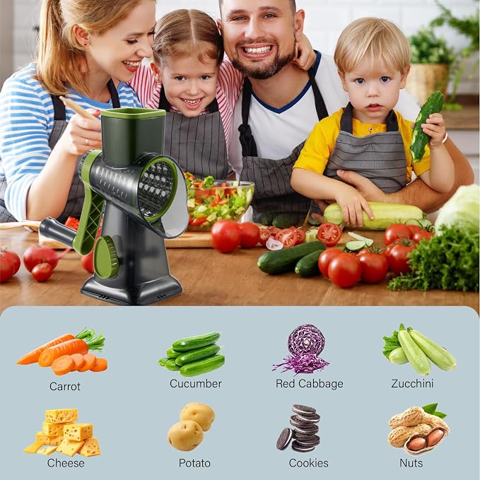 Rotary Cheese Grater hand crank 3 blades with Stronger Suction Base | Stainless Steel Blades for Fruits, Vegetables, Nuts. Dishwasher Safe & Easy to Clean, Transparent Black & Green