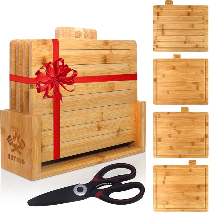 4-Piece Bamboo Cutting Board Set And Premium Scissors, Perfect Wooden Charcuterie and Chopping Boards, Ideal Juice Groove, BPA-Free, kitchen stuff, and kitchen must haves 2026.