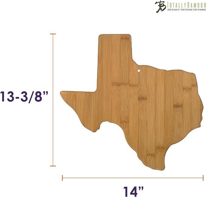 Totally Bamboo Texas State Shaped Bamboo Serving & Cutting Board | State charcuterie board with natural bamboo grain. Knife-friendly surface for food prep. Hang tie for wall display.