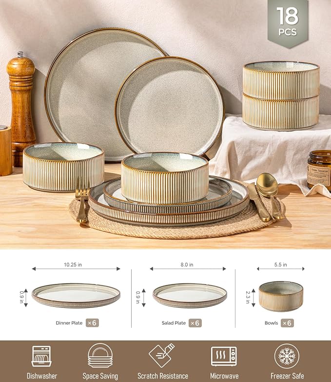 GBHOME Stoneware Dinnerware Sets for 6, 18-Piece Plates and Bowls Set | Handmade Reactive Glaze Ceramic Dish Set, Scratch Resistant, Dishwasher&Microwave Safe,Green Wheat
