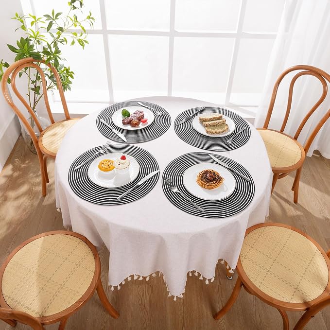 SHACOS 15 inch Round Braided Placemats Set of 6 Non Slip Washable Fabric Kitchen Table Place Mats Heat Resistant Table Mats for Home Wedding Party, Black White