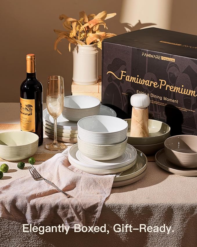 Stoneware Dinnerware Set for 8, Plates & Bowls, Multicolor | 24-Piece Ceramic Speckled Spiral Dishes, Chip & Scratch Resistant, Microwave & Dishwasher Safe, Everyday Use, Farmhouse Style