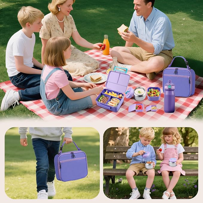 Bento Lunch Box for Kids with Thermo, Leakproof Bento Box with 8oz Insulated Food Jar, Insulated Bottle, Lunch Bag, BPA Free Dishwasher Safe 4 Compartment Container for School Girls Boys (Purple)