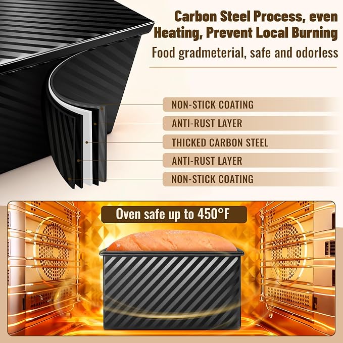 3 Pack Pullman Loaf Pans, Bread Pans with Lids, Black | Non-stick Carbon Steel Bread Pans for Homemade Sandwich and Baking Sourdough Bread, Corrugated Toast Mold