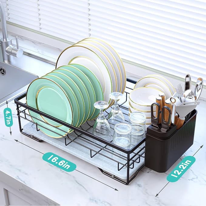 VABNEER Dish Drying Rack with Stone Drying Mat, Quick-Drying/Stainless/Super Sturdy/Space-Saving, Dish Strainers for Kitchen Counter, Escurridor de Trastes para Cocina (Black) | Quick-drying stone mat, sturdy stainless steel frame and space-saving desi...