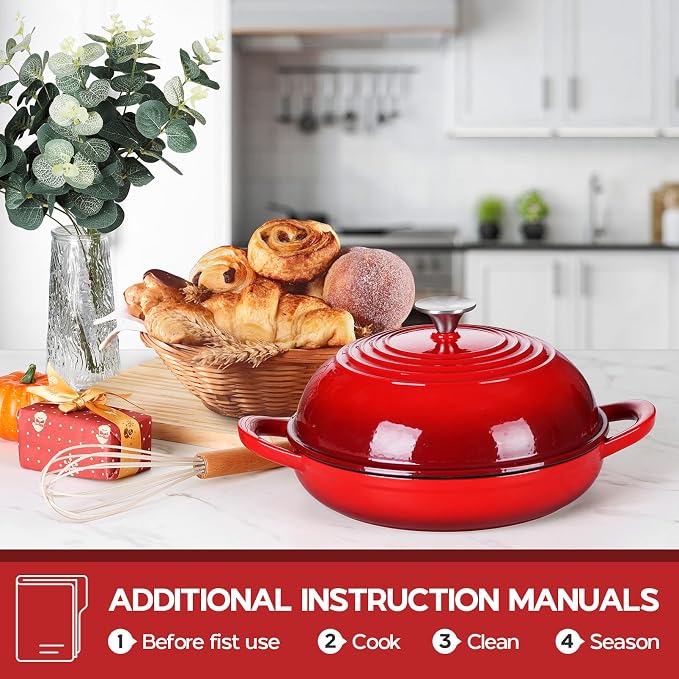 P&P CHEF Red Enameled Bread Dutch Oven for Sourdough, 5.5 QT | Cast Iron Dutch Oven Pot with Dome Lid for Homemade Bread Baking, Easy to Clean & Even Heat, Oven Safe