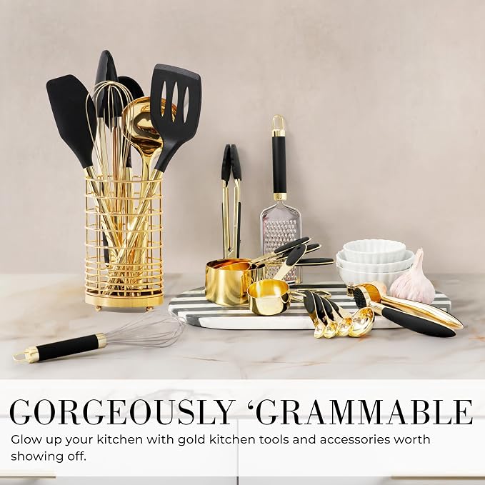 Styled Settings Black and Gold Kitchen Utensils Set, 23-Piece | Stainless Steel, Silicone, 23-Piece Kitchen Accessories Includes Gold Measuring Cups, Spoons, Cooking, and Kitchen Decor