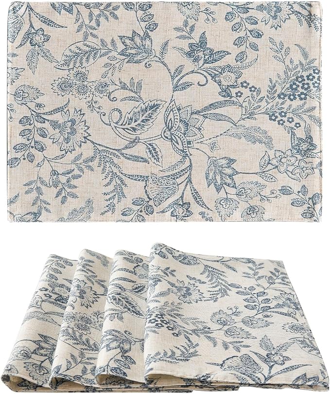 JINCHAN Linen Floral Placemats Set of 4 Farmhouse 13x19 Inch Blue | Fabric Placemats, Cottage Style, Vintage Botanical Pattern, Machine Washable, Easy to Store, Reusable
