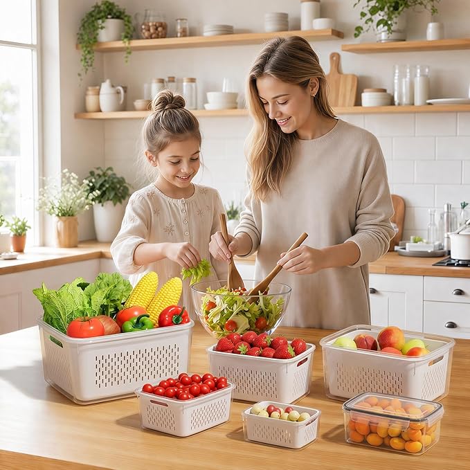 Fruit Storage Containers for Fridge, 3 Pack Plastic Food Storage Container | Produce Storage with Removable Colander, Refrigerator Organizers Keep Fruits Berry Veggie Salad Fresh Longer, Dishwasher Safe