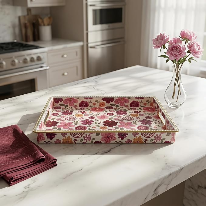 Rectangular Plastic Serving Tray with Handles, Burgundy Watercolor Floral Print with Gold Rim, Vintage Tray for Breakfast, Coffee, Tea, Home Decoration and Party, 15.7" x 11.8" x 1.57"