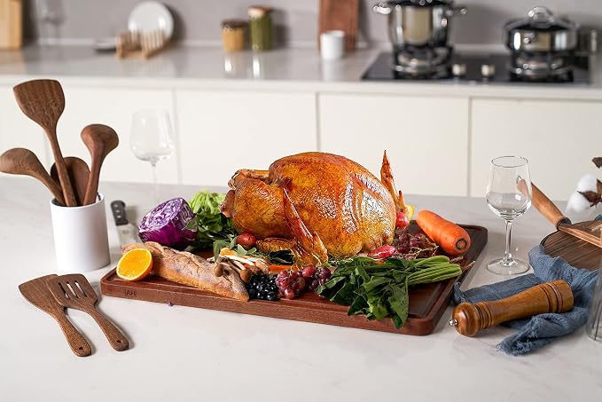 XXL Large Edge Grain Walnut Wood Cutting Board for Kitchen 24x18 in | Juice Groove Handles, Non-slip Mats,Thick Reversible Butcher Block, Cheese Charcuterie Board