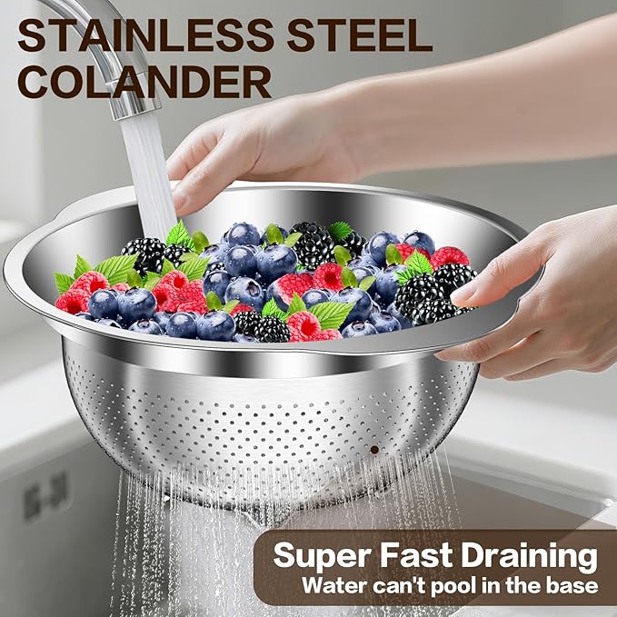 Colander, Stainless Steel Colander for Kitchen, Stainless Steel Strainer, Pasta Strainer for Spaghetti Fruits Vegetables Cooking Food, Kitchen Food Strainer - 3 QT