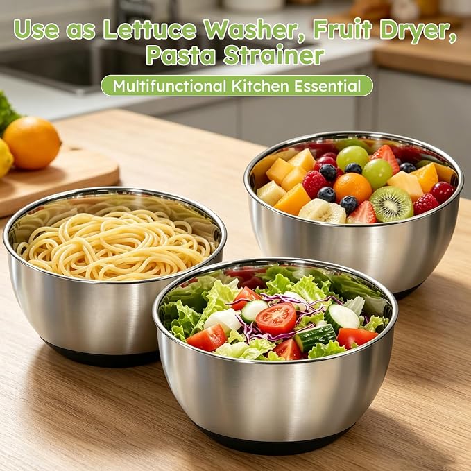 Stainless Steel Salad Spinner Large with 5 Blades Slicer, Vegetable Dryer, Non-Slip Base, Stop Button, Vegetable Fruits Chopper Bowl 5L Capacity with Egg Yolk Strainer