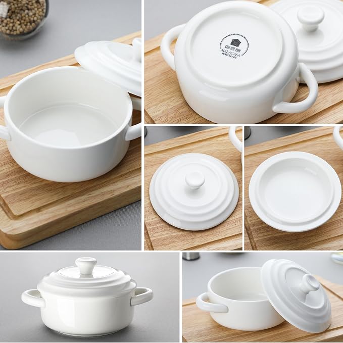 MALACASA Mini Cocotte Set of 4, 14 OZ Ceramic Casserole Dishes with Lids | Single Serving Small Dutch Oven Set, Lasagna, Soufflé, French Onion Soup, Pudding, Oven, Dishwasher Safe with Handles, White