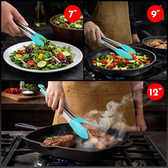 Kitchen Tongs - 12, 9 & 7 Inch Locking Silicone Tongs for Cooking, Set of 3 | Aqua Tongs with Silicone Tips, Heat Resistant Tongs for Grilling, Serving, Mixing