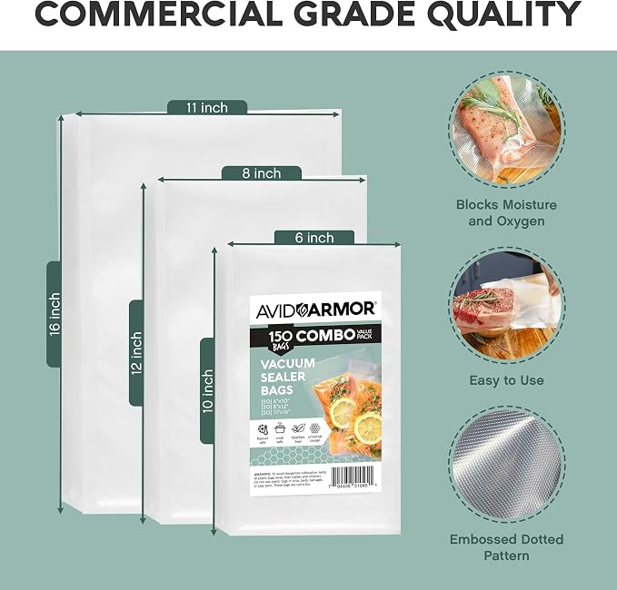 Avid Armor Vacuum Sealer Bags, Vac Seal Bags for Food Storage, Freezing, and Sous Vide Cooking, Non-BPA Freezer Vacuum Sealer Bags, Pint, Quart, and Gallon Sizes Combo Pack, 150 Bags