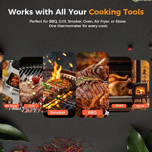 Smart Wireless Meat Thermometer, Digital Cooking Thermometer with Dual High-Accuracy Sensors, Ceramic Heat-Resistant Probe, Instant Read LCD & App Control for Kitchen,BBQ, Oven,Grill,Air Fryer, Black