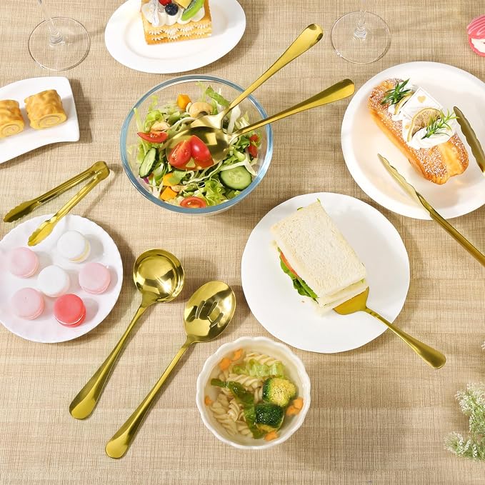 Artcochan 12 PCS Gold Serving Utensils, Stainless Steel Flatware Set Includes Large Serving Spoons, Slotted Spoons, Ladle, Forks, Tongs, Appetizers Tongs and Cake Server for Buffet Party Catering