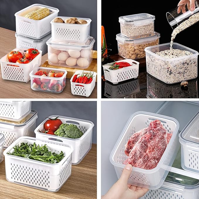 4 Pack Large Fridge Food Storage Container Set with Lids with Strainer, Fruit Vegetable Storage Containers Keep Fruits, Vegetables, Berry, Meat Fresh longer , BPA-Free Plastic Produce Keepers