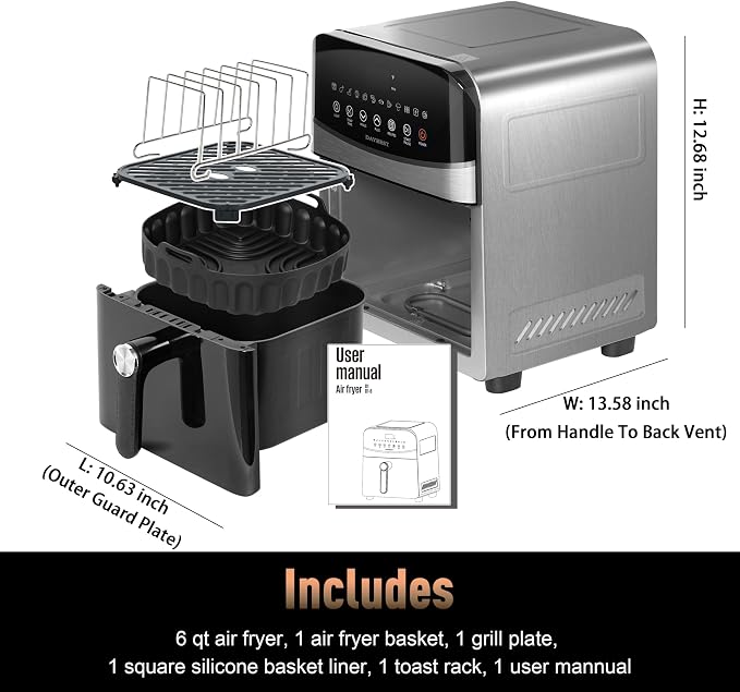 Stainless Steel Air Fryer Ceramic Coated Basket 6QT Dual-Blaze 450โ (Metal) | Non Stick Teflon-Free Premium Coat Healthy and Easy Clean, Max 450โ Fast Cook in 1700W, Visible 8.27" for 2-3 Servings