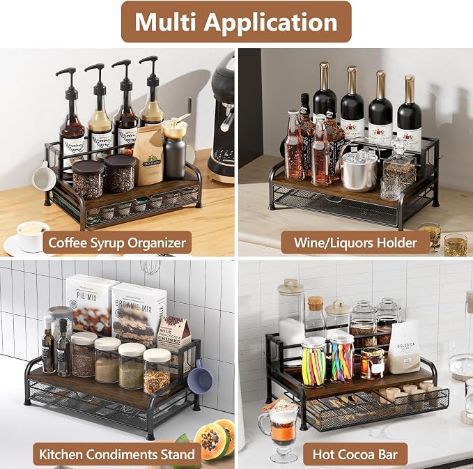 Coffee Syrup Rack Organizer, with Anti-Fall K-Cup Pod Holder Drawer | Black Metal Rack for 8 Syrup Bottles, Countertop Bottle Holder Stand for Wine, Space-Saving Design for Kitchen Cafe Station