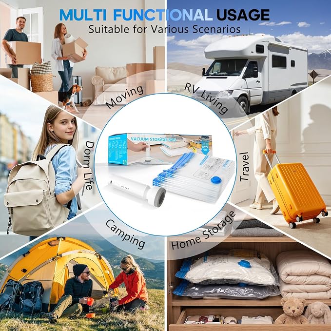 12 Pack Vacuum Storage Bags for Travel with Rechargeable Cordless Pump, Space Saver Bags for Clothes, Compression Packing Bags for Luggage and Suitcase, Blue