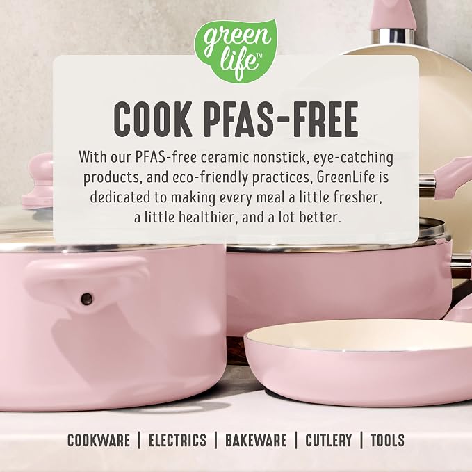 GreenLife 2QT Ceramic Nonstick Saucepan with Lid, Blush Pink | PFAS-Free Ceramic Nonstick Coating, Soup Pot, Induction Ready, All Stovetop Compatible, Stay-Cool Handles, Dishwasher Safe