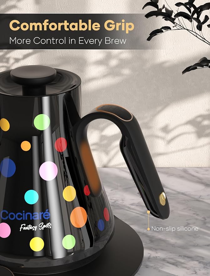 Cocinare Artisan Collection Gooseneck Electric Kettle, ±0.5°F Temperature Control for Pour Over Coffee & Tea, 1500W Fast Heating, Stainless Steel Interior, 0.9L, Confetti Design
