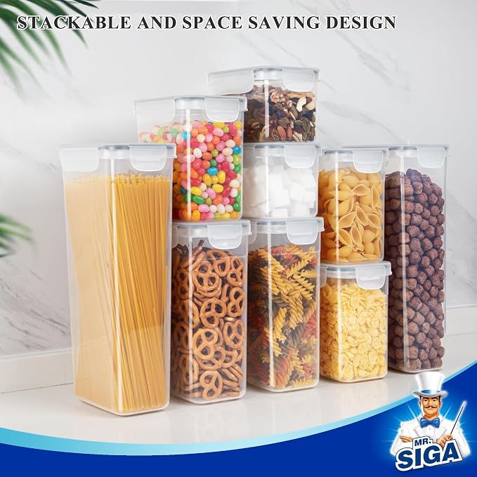 MR.SIGA 12 Pack Airtight Food Storage Container Set for Pantry Organization | Stackable, BPA Free plastic storage containers for pantry, great for snacks, spaghetti, includes 24 reusable sticker labels