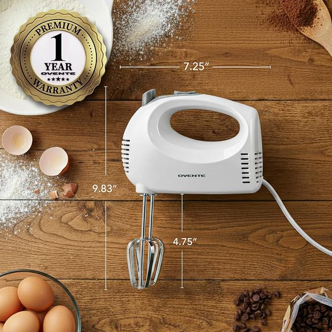 OVENTE 5-Speed Electric Hand Mixer with Storage Case,150W, White HM151W | Stainless Steel Whisks, Compact Portable Design, Lightweight Handheld Mixer for Baking & Cooking