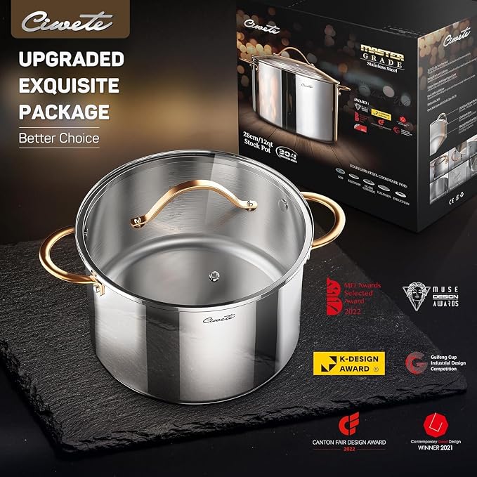 Ciwete Stock Pot 12 Quart, 18/10 Tri-Ply Stainless Steel Whole Clad Stock Pot with Lid, Seamless 12 QT Cooking Pot with Copper Handle, Healthy Stockpots, Induction, Gas, Oven and Dishwasher Safe