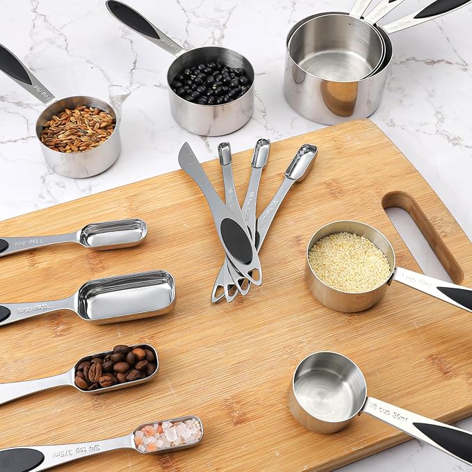 Measuring Cups and Spoons Set of 16 Magnetic Measuring Spoons Set | Stainless Steel Stackable Measuring Cups Magnetic Measuring Spoons with 1 Leveler for Dry and Liquid Ingredients
