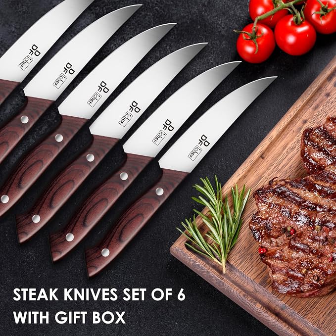 Steak Knives Set of 6, 4.5" Non-Serrated Steak Knife with Pakkawood Handles | Ultra-Sharp Steak Knives High Carbon Stainless Steel, Ergonomic Full-Tang Wooden Handles, for Families & Restaurants