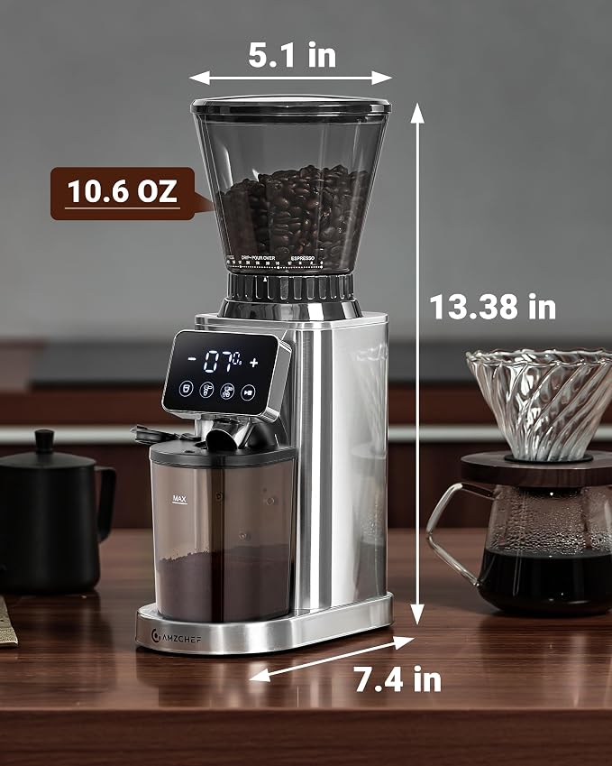 AMZCHEF Conical Burr Coffee Grinder, 48 Grind Settings, Anti-Static Burr Mill with Precision Timer & LED Touchscreen, for Espresso, Drip, Pour Over, Cold Brew & French Press, Stainless Steel, Silver