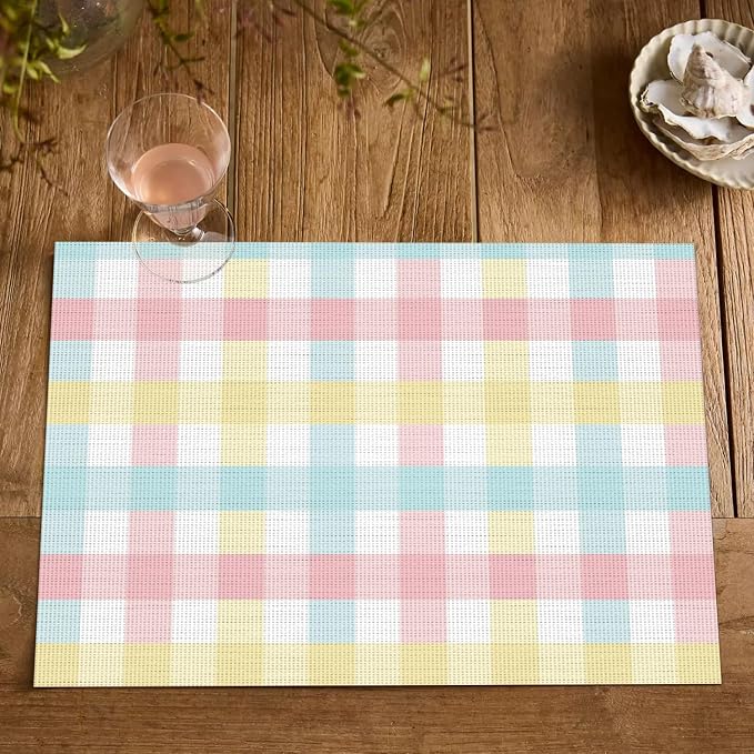 Artoid Mode Buffalo Plaid Vinyl Easter Placemats Set of 4, 12x18 Inch Washable Non-Slip Heat Resistant Plastic Place Mats for Party Dining Table, Pink/Blue