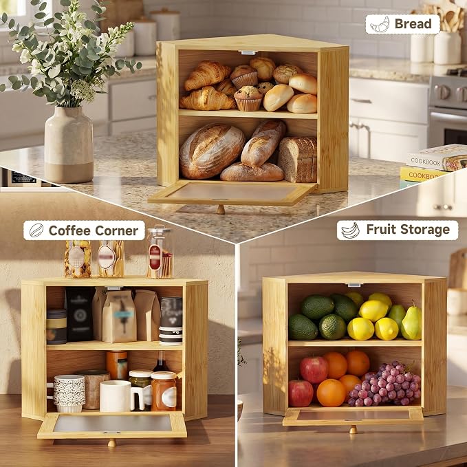 Bread Box for Kitchen Corner Countertop,Large Bread Basket (Natural,Large) | Double Layer Bamboo Bread Storage Container for Kitchen Countertop,Height Adjustable