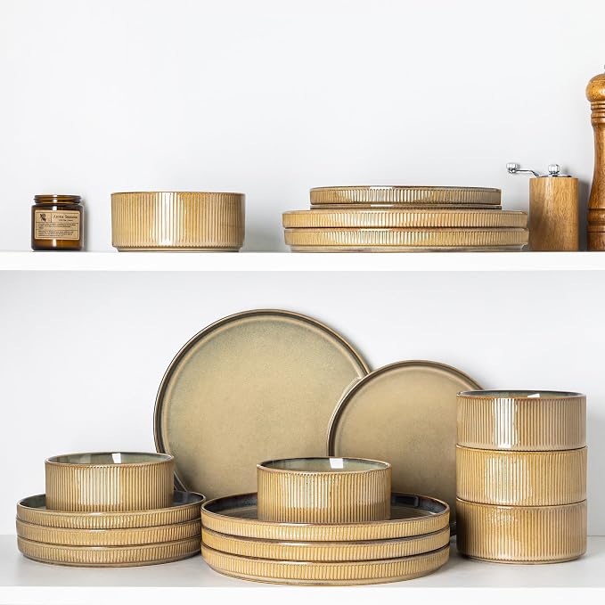 GBHOME Stoneware Dinnerware Sets for 4, 12 Pieces Plates and Bowls Set | Lightweight Ceramic Ribbed Dishes, Reactive Glaze Stackable Plate Set, Scratch Resistant, Microwave & Dishwasher Safe, Khaki