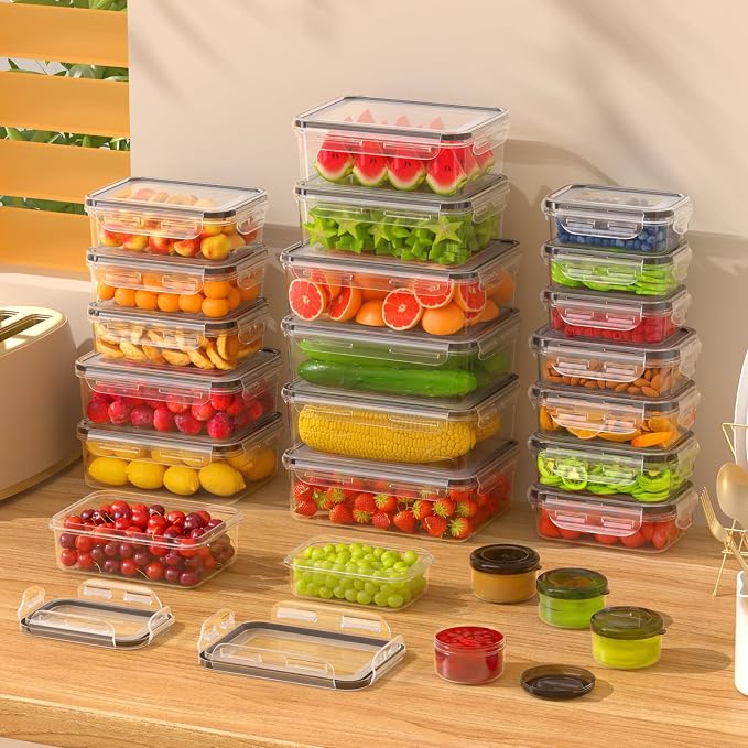 KEMETHY Large 52 Piece Food Storage Containers with Airtight Lids, BPA-free | 26 Containers & 26 Lids, Leak Proof, Meal Prep, Kitchen Storage, PVC-free Plastic, Microwave/Dishwasher Safe, Labels & Pen