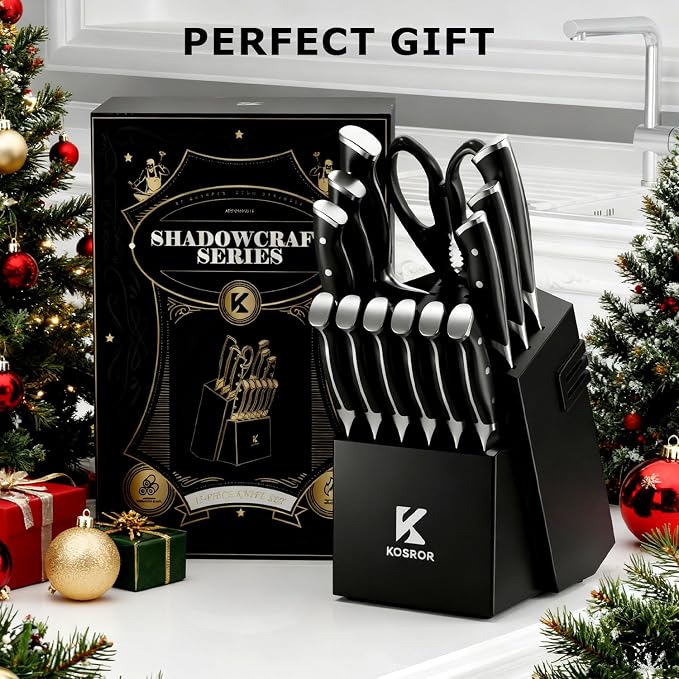 Kitchen Knife Set with Block & Dual Sharpener 15pc German Steel | Black full-tang ergo handle,For beginners. Dishwasher safe,easy to use,Covers 95% kitchen tasks,Gift box included