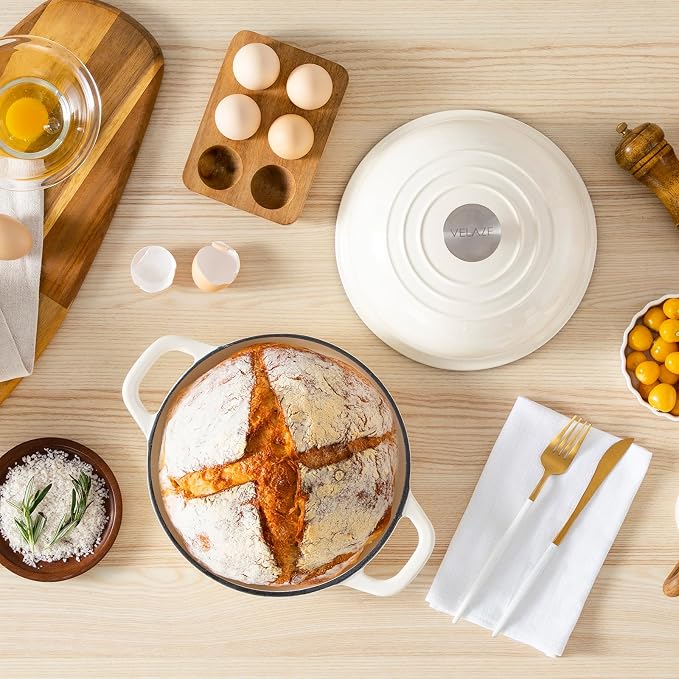 Velaze 5 QT Enameled Cast Iron Dutch Oven for Bread Baking with Dome Lid | Traps Steam for Crispy Artisan Sourdough Bread,Oven Safe,Ergonomic Handles,Gift for Bakers and Bakery Style Loaves,White