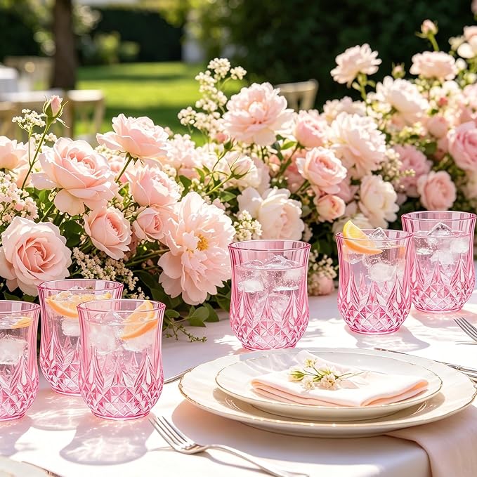 12 Pack 12 Oz Plastic Stemless Wine Glasses, Pink | Unbreakable, Reusable, Elegant Vintage Design, Fancy Cocktail Cups, Whiskey, Champagne, Wedding, Party, Bars, Holiday Events