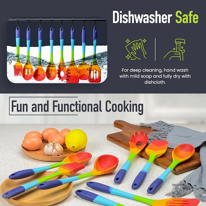 11-Piece Rainbow Silicone Spatula Bundle with Holder & Measuring Spoons ā Multicolor Heat-Resistant Cooking Utensils for Nonstick Cookware ā Flexible Turner, Spoon, Spatula, Brush, FDA Safe