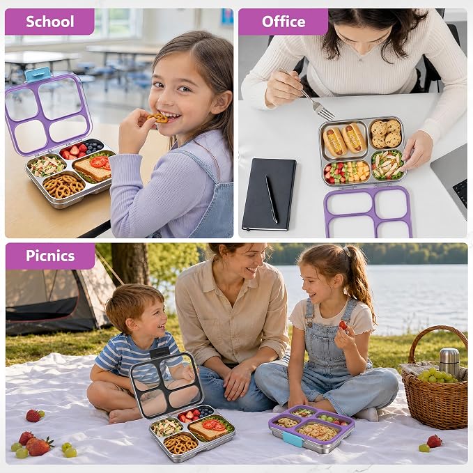 HOMEKOL Stainless Steel Bento Lunch Box, 4 Cups, Purple | 4-Compartment Leak-Proof Metal Lunch Container for Kids & Adults, BPA/BPS-Free, Dishwasher Safe, Clear Lid, (Not Insulated)