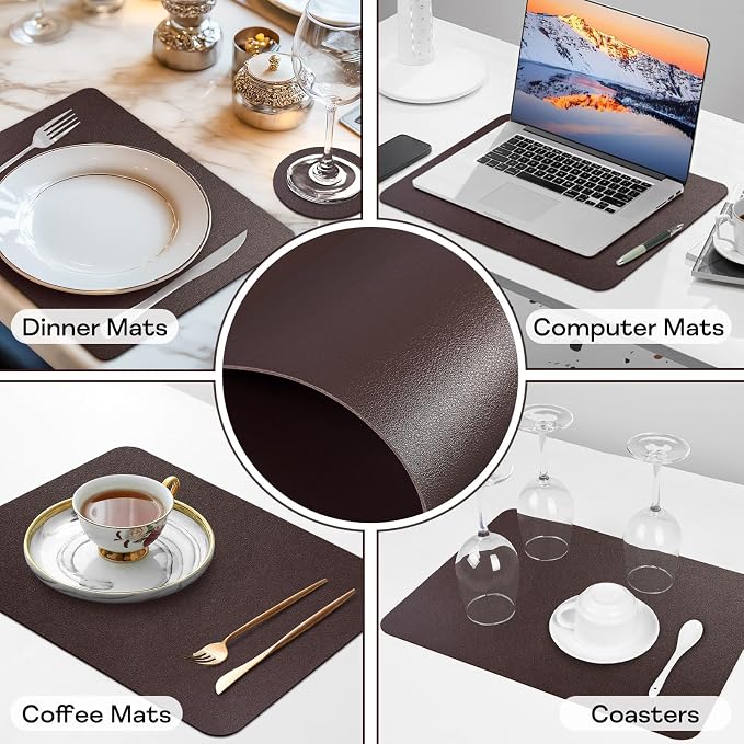 Faux Leather Placemats Set of 6 Waterproof Table Mats with Coaster | 17×12 In Heat Resistant Place Mats Set of 6 Wipebale & Washable Table Placemats for Kitchen Dining Indoor & Outdoor Brown