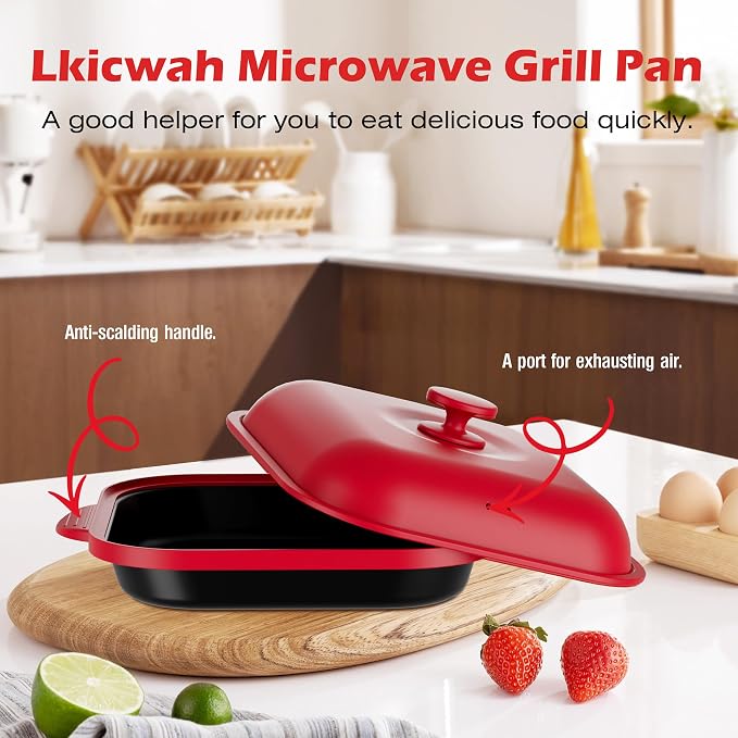 Microwave Grill Pan with Cover | Microwave Bacon Cooker | Griller & Crisper Pan for Grilling, Frying, Browning and Crisping | Microwave Cookware for Grill Meat | Dishwasher Safe for Dorms,Office,RV