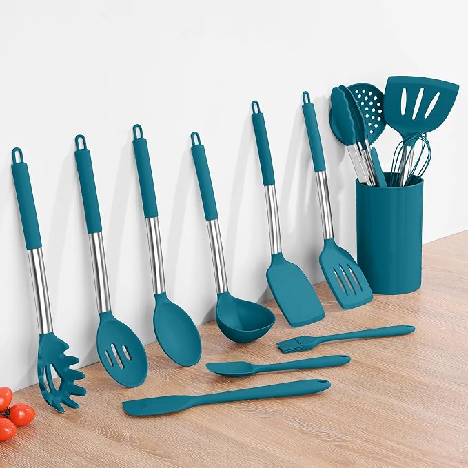 Onader 15pcs Kitchen Cooking Utensils Set with Holder, Onader Heat Resistant Silicone Kitchen Utensils Spatula Set with Stainless Steel Handle - Blue