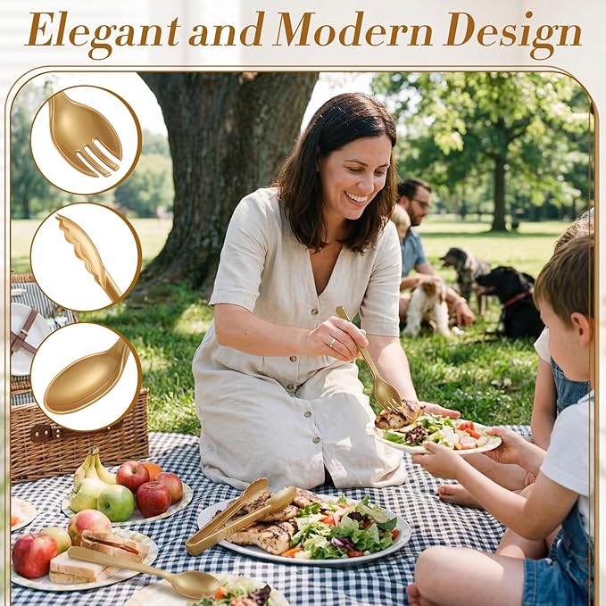 FoldTier 72 Pcs Disposable Plastic Serving Utensils Set Gold Serving Spoons Forks Tongs, Disposable Utensils for Party Weddings Birthday Dinner Buffets Banquets