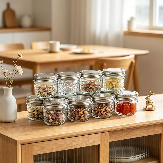 Mason Jars 4 Oz with Lids 24 Packs, Vintage Small Glass Canning Jars with Silver Metal Lids for Storing, Seasoning, Honey, Jam, Home Decor, Candle and DIY Crafts