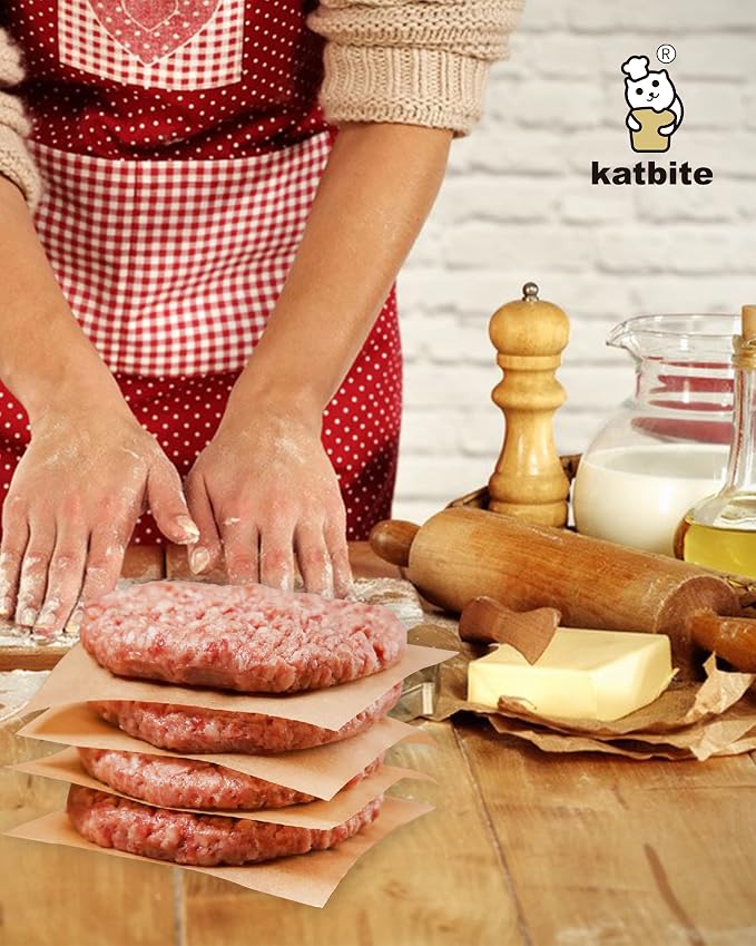 Katbite 300Pcs 6x6 Inches Patty Paper, Burger Patty Paper, Unbleached Parchment Sheets, Heavy Duty & Non-Stick, Squares for Seperating Patty, Cookies, Storing Foods Wrapping Candies | Unbleached Parchment Sheets heavy duty, ideal for separating patties...