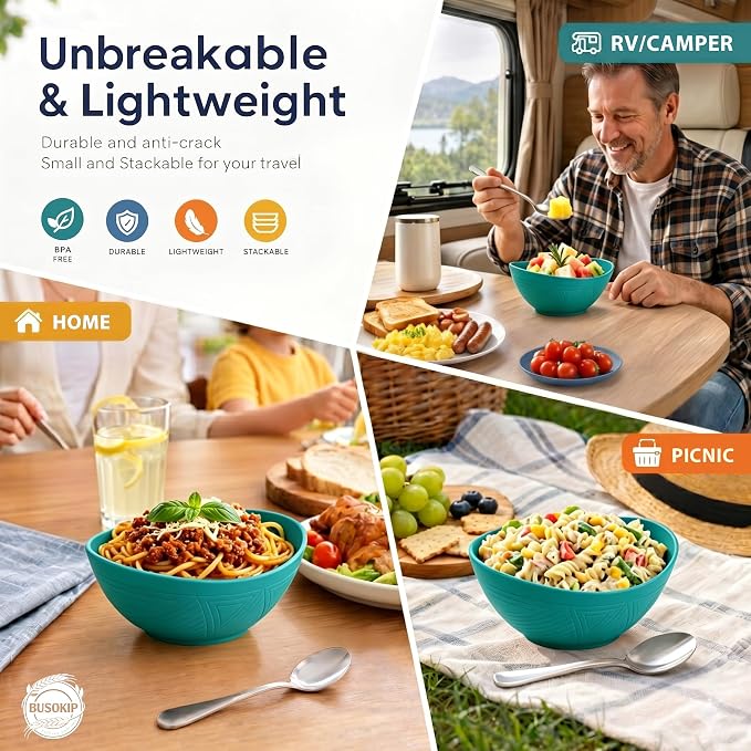 Cereal Bowls Sets of 6, Unbreakable & Stackable Wheat Straw Bowls 26oz, Reusable Plastic Bowls for Salad, Fruit, Ramen, Microwave Safe bowls for Camping, Restaurant, RV, Party - Green
